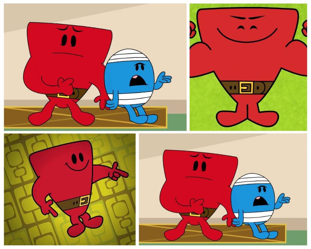 Mr. Strong and cartoon characters in red