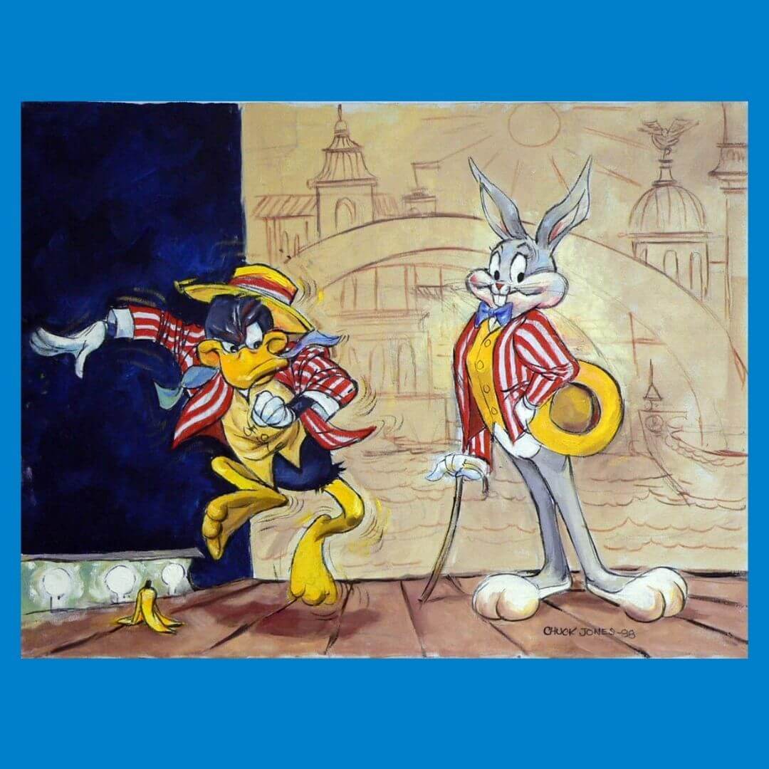 Bugs and Daffy on Stage Original Oil on Canvas by Chuck Jones (published edition - also appears in Stroke of Genius) 1988